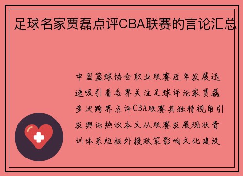 足球名家贾磊点评CBA联赛的言论汇总