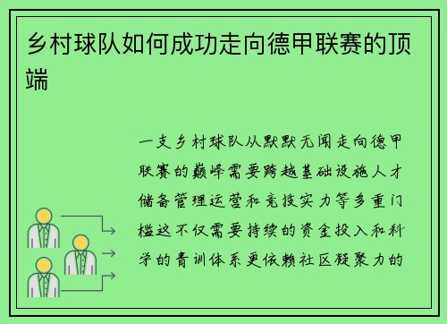 乡村球队如何成功走向德甲联赛的顶端